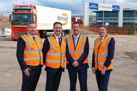 Construction of new £9m facility on the belfast Harbour Estate breaks ground. Pictured are Chris Slowey, Manfreight, Steve Baker MP, Minister of State for Northern Ireland, Michael Robinson, Port Director at Belfast Harbour & Nick McCullough, Manfreight