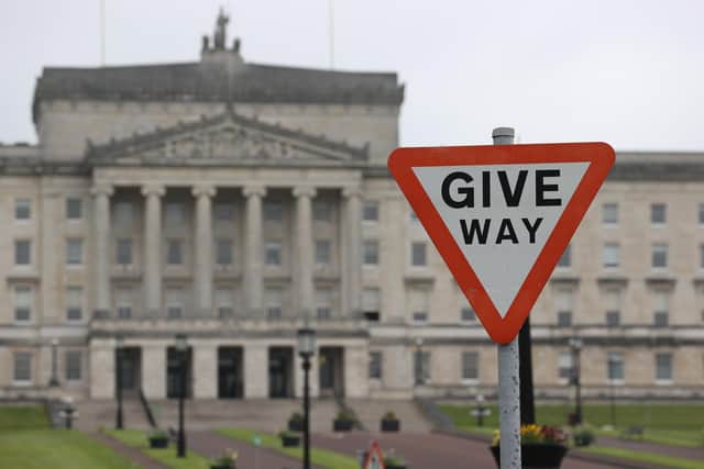 A Give Way sign at Parliament Buildings at Stormont