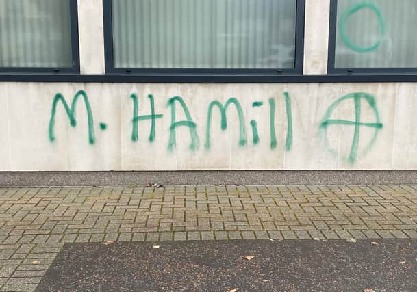 Newtownards Courthouse in Co Down where the name of district judge Mark Hamill was daubed on the building alongside a crosshair and a number of windows were smashed. Photo: Rebecca Black/PA Wire