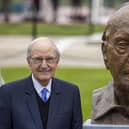 A bust of former US senator George Mitchell has been removed from the grounds of QUB over his links with Jeffrey Epstein. The senator is seen here at its unveiling in April 2023. Mr Mitchell has denied all wrongdoing and has expressed regret for ever having known Epstein