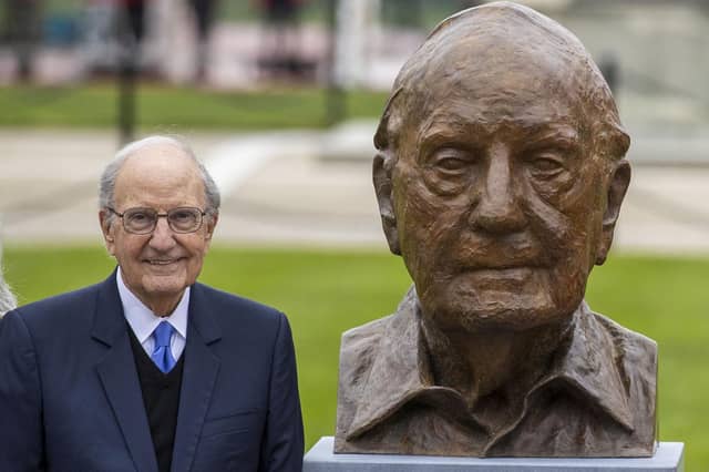 A bust of former US senator George Mitchell has been removed from the grounds of QUB over his links with Jeffrey Epstein. The senator is seen here at its unveiling in April 2023. Mr Mitchell has denied all wrongdoing and has expressed regret for ever having known Epstein