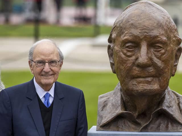 A bust of former US senator George Mitchell has been removed from the grounds of QUB over his links with Jeffrey Epstein. The senator is seen here at its unveiling in April 2023. Mr Mitchell has denied all wrongdoing and has expressed regret for ever having known Epstein