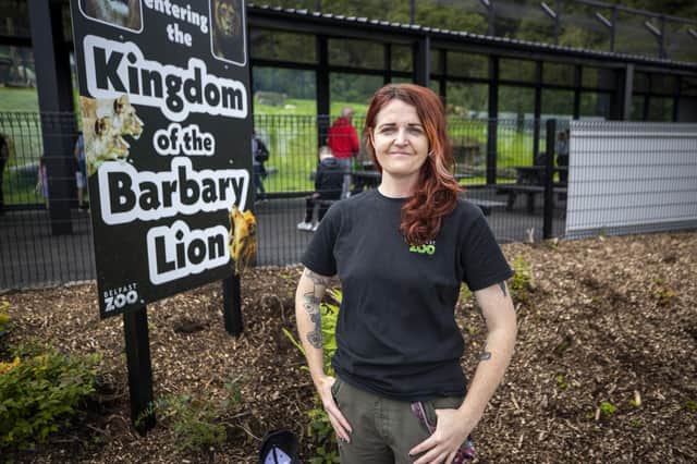 Senior keeper Lara Clarke at the official opening of Belfast Zoo Kingdom of the Barbary Lion  Pic: Liam McBurney/PA Wire