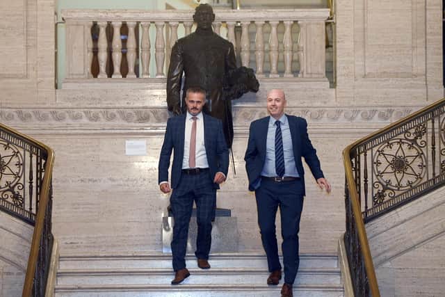 Ulster Unionist MLA Robbie Butler (left) with Ulster Unionist leader Jon Burrows after he signed the pledge of office at Stormont Buildings, Belfast, following his appointed as new Health Minister. Pic: Mark Marlow/PA Wire