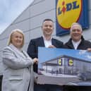 Construction work to create a new, larger and sustainably focused Lidl NI supermarket at Stewartstown Road in west Belfast got under way today. Lidl Northern Ireland, the region’s fastest-growing supermarket retailer, received planning approval last year from Belfast City Council following an extensive public consultation. Pictured are DUP councillor Tracy Kelly, Lidl Northern Ireland’s regional managing director Ivan Ryan, Sinn Fein councillor Séanna Walsh and Conor McCauley, senior projects manager at McCallion Group