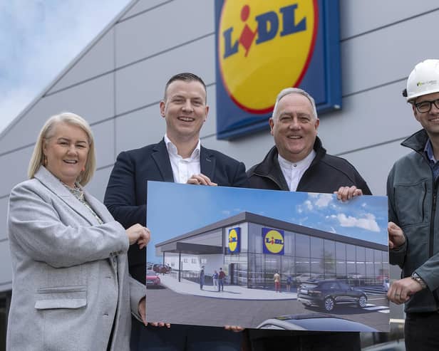 Construction work to create a new, larger and sustainably focused Lidl NI supermarket at Stewartstown Road in west Belfast got under way today. Lidl Northern Ireland, the region’s fastest-growing supermarket retailer, received planning approval last year from Belfast City Council following an extensive public consultation. Pictured are DUP councillor Tracy Kelly, Lidl Northern Ireland’s regional managing director Ivan Ryan, Sinn Fein councillor Séanna Walsh and Conor McCauley, senior projects manager at McCallion Group