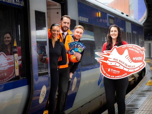 Representaatives from Translink, Moy Park BCM and Air Ambulance NI promoting marathon travel