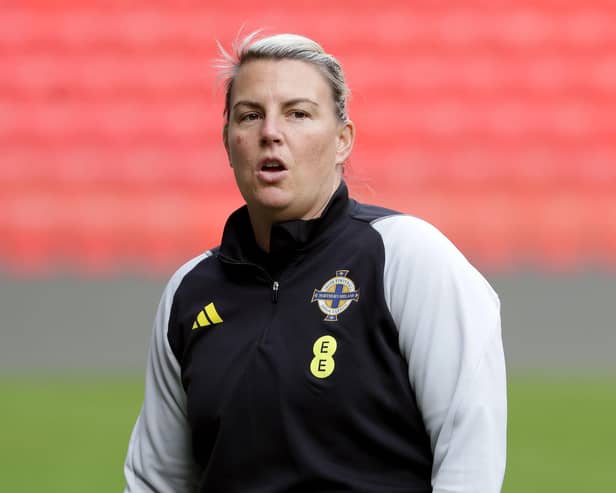 Northern Ireland manager Tanya Oxtoby during Thursday’s training session at the National Stadium in Tirana ahead of the UEFA Women’s Nations League game against Albania.   Picture: William Cherry/Presseye