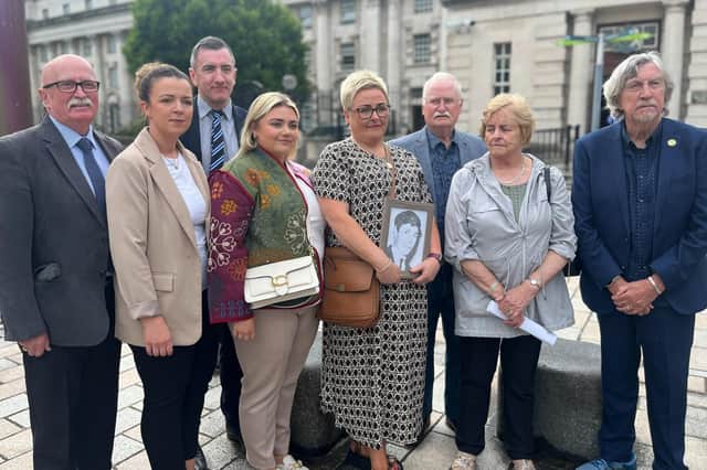 The niece of Robert Anderson, Michelle Osborne (centre), with other family members outside the High Court in Belfast, as a new inquest into the death of Mr Anderson has been granted by the Attorney General. Former Royal Signals soldier Robert Anderson, 25, along with Sean Ruddy, 19, and Thomas McLaughlin, 27, were shot on Hill Street in Newry on October 23, 1971, as they made their way home from a bar