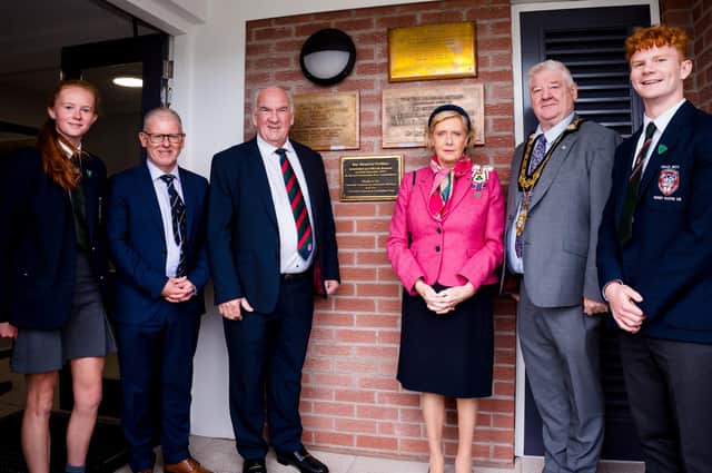 Coleraine Grammar - War Memorial Pavilion. L-R Head Girl Kia McCartney; Headmaster Dr David Carruthers; Willie Oliver, President of the Board of Governors; Alison Millar, Lord Lietenant of County Londonderry; Cllr Steven Callaghan, Mayor of Causeway Coast and Glens Borough Council; Head Boy Jordan McAuley.