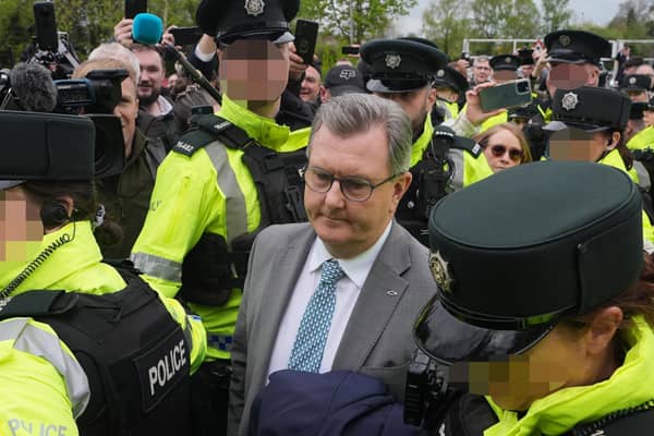 Former DUP leader Sir Jeffrey Donaldson leaving Newry Magistrates Court. Photo: Niall Carson/PA Wire