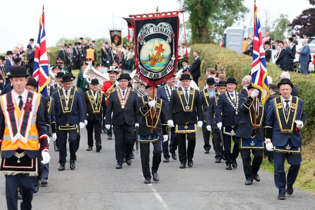 Co Fermanagh Royal Black Chapter commemorates the 1689 Battle of Newtownbutler on the first Saturday of every August. Pictured is last year's parade in Derrygonnelly. Pic: Jonathan Porter/PressEye