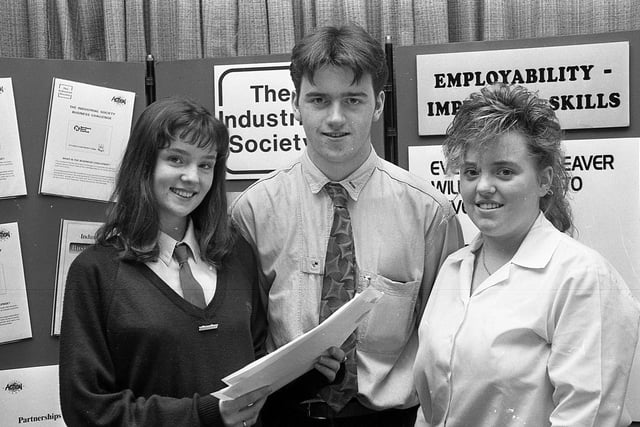 Pictured in February 1992 are Shauneen McCaffrey, left, of St Genevieve’s High School, Belfast, Mark Mullan of La Salle Secondary School, Belfast, and Julie Drumm of St Louise’s Comprehensive College, Belfast, were three of the 70 or so pupils from six west Belfast schools who worked with seven companies to complete the Industrial Society 1991 Business Challenge. Picture: News Letter archives