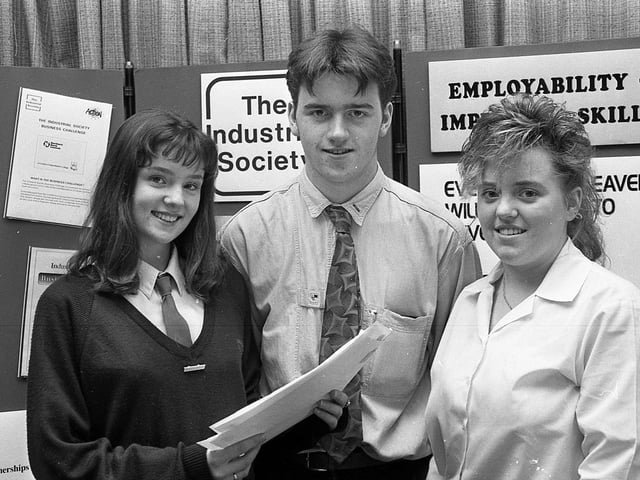 Pictured in February 1992 are Shauneen McCaffrey, left, of St Genevieve’s High School, Belfast, Mark Mullan of La Salle Secondary School, Belfast, and Julie Drumm of St Louise’s Comprehensive College, Belfast, were three of the 70 or so pupils from six west Belfast schools who worked with seven companies to complete the Industrial Society 1991 Business Challenge. Picture: News Letter archives