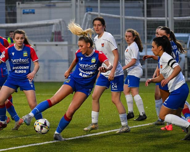Eve Reilly fires goalwards for Linfield Women in the 6-0 success over Lisburn Ladies during Friday's Avenir All Island Group StageLinfield Women v Lisburn LadiesEve Reilly of Linfield has a shot blocked during this Evening’s game at Midgley Park, Belfast.  Photo - Andrew McCarroll/ Pacemaker Press