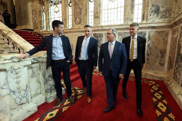 (left to right) Jonathan Buckley MLA, Councillor Andrew McCormick, DUP leader Sir Jeffery Donaldson and Councillor Dean McCullough at the Northern Ireland council elections at Belfast City Hall today, Saturday May 20, 2023. Photo: Liam McBurney/PA Wire