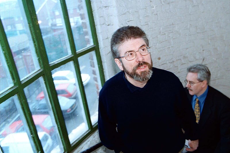 PACEMAKER BELFAST 4/2/2000 Sinn Fein leader Gerry Adams pictured at Conway Mill in Belfast today were he said that he had been in contact with the IRA over decommissioning, but that his talks had been undermined by Peter Mandelson's statement last night accusing them of "Betrayal"