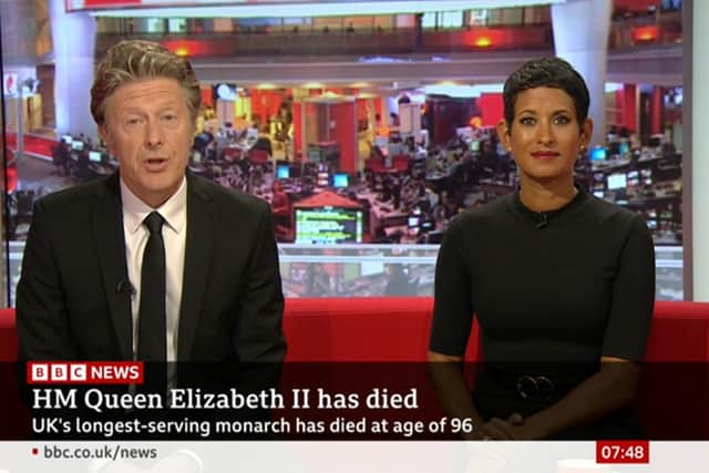 Screengrab from BBC of Charlie Stayt and Naga Munchetty on BBC Breakfast. BBC One has suspended its regular programming schedule in the wake of the Queen's death. Picture date: Friday September 9, 2022.