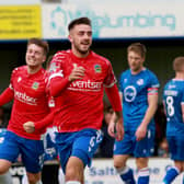 Linfield's Jack Scott celebrates scoring his second goal at Lakeview Park, Loughgall.  Photo by David Maginnis/Pacemaker Press