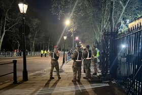 The scene outside Buckingham Palace, London, where a man was arrested after throwing suspected shotgun cartridges into the palace grounds last night.