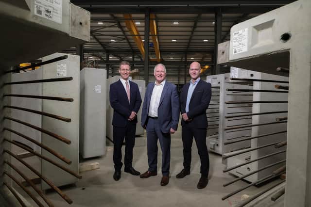 Danske Bank has supported Moore Concrete Products Ltd to invest over £3million in three new factories, growing its employee figures and major new projects. Picture is James Kilgore, senior business manager at Danske Bank, Wilbert Moore, founder and MD of Moore Concrete Products Ltd and Peter Houston, head of Danske Bank, North Finance Centre