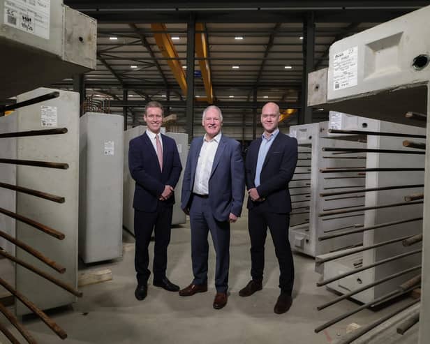 Danske Bank has supported Moore Concrete Products Ltd to invest over £3million in three new factories, growing its employee figures and major new projects. Picture is James Kilgore, senior business manager at Danske Bank, Wilbert Moore, founder and MD of Moore Concrete Products Ltd and Peter Houston, head of Danske Bank, North Finance Centre