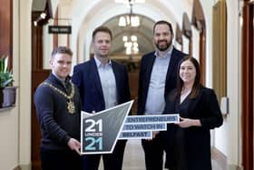 Belfast Lord Mayor, councillor Ryan Murphy is pictured with sponsors Richard McConkey Danske Bank, Daniel Glover Pacem Accounting & Tax and Elizabeth Crossan Pacem Accounting & Tax, launching Belfast City Council’s new “21 Under 21 – Entrepreneurs to Watch in Belfast” competition. It’s designed to unearth, recognise, and fast-track 21 exceptional potential young entrepreneurs in the city and is an exciting opportunity for young entrepreneurs at an idea, or early start phase, to take part in a three-month programme of action-oriented workshops that will act as a springboard for future success