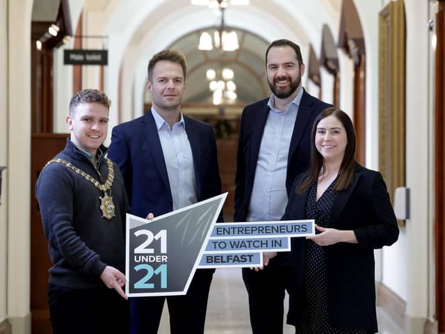Belfast Lord Mayor, councillor Ryan Murphy is pictured with sponsors Richard McConkey Danske Bank, Daniel Glover Pacem Accounting & Tax and Elizabeth Crossan Pacem Accounting & Tax, launching Belfast City Council’s new “21 Under 21 – Entrepreneurs to Watch in Belfast” competition. It’s designed to unearth, recognise, and fast-track 21 exceptional potential young entrepreneurs in the city and is an exciting opportunity for young entrepreneurs at an idea, or early start phase, to take part in a three-month programme of action-oriented workshops that will act as a springboard for future success