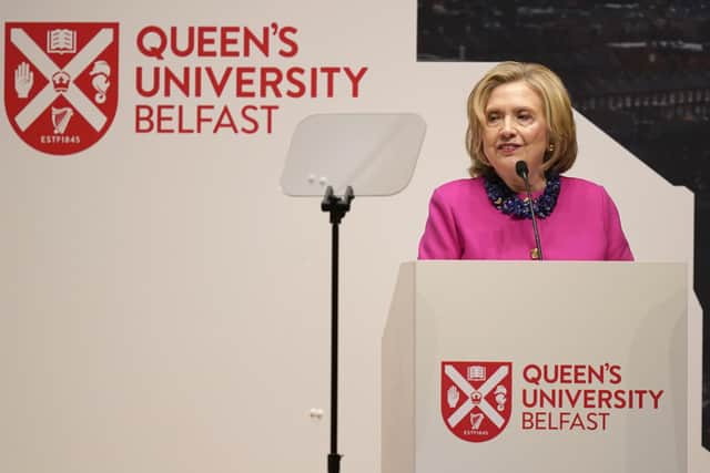 Speaking in the university’s Whitla Hall, Mrs Clinton said: “There have been many moments in Northern Ireland’s peace journey where progress seemed difficult, when every route forward looked blocked, there seemed nowhere to go,” she said