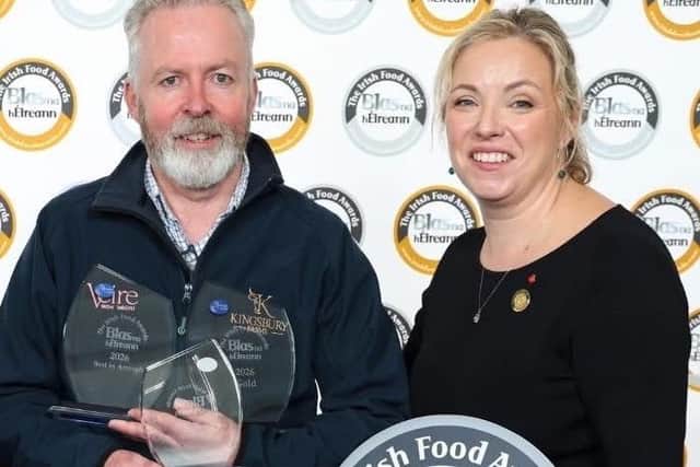 Vincent Grew, Kingsbury Wagyu general manager with the awards at Blas na hEireann for the company’s succulent beef. He is pictured with another team member