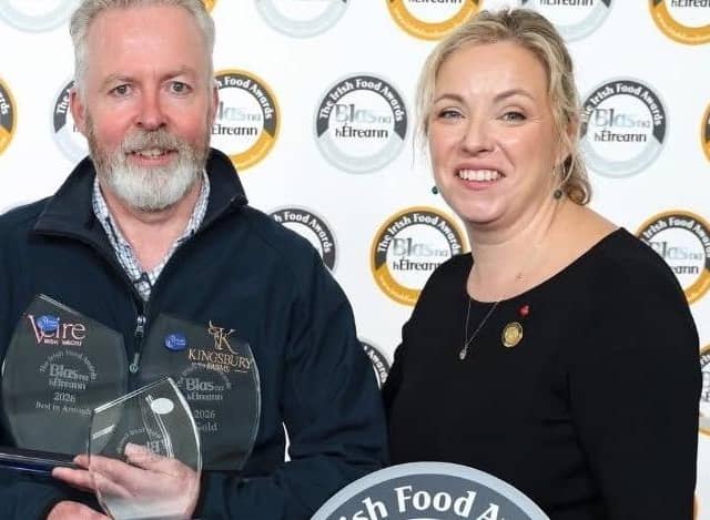 Vincent Grew, Kingsbury Wagyu general manager with the awards at Blas na hEireann for the company’s succulent beef. He is pictured with another team member