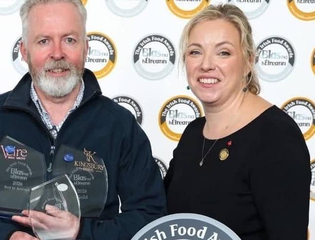 Vincent Grew, Kingsbury Wagyu general manager with the awards at Blas na hEireann for the company’s succulent beef. He is pictured with another team member