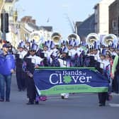 The Clover High School Band from South Carolina took to the streets of Larne to play a medley of musical hits today, Wednesday 13 March.Picture By: Arthur Allison/Pacemaker Press.