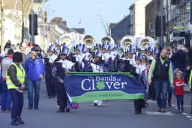 The Clover High School Band from South Carolina took to the streets of Larne to play a medley of musical hits today, Wednesday 13 March.Picture By: Arthur Allison/Pacemaker Press.