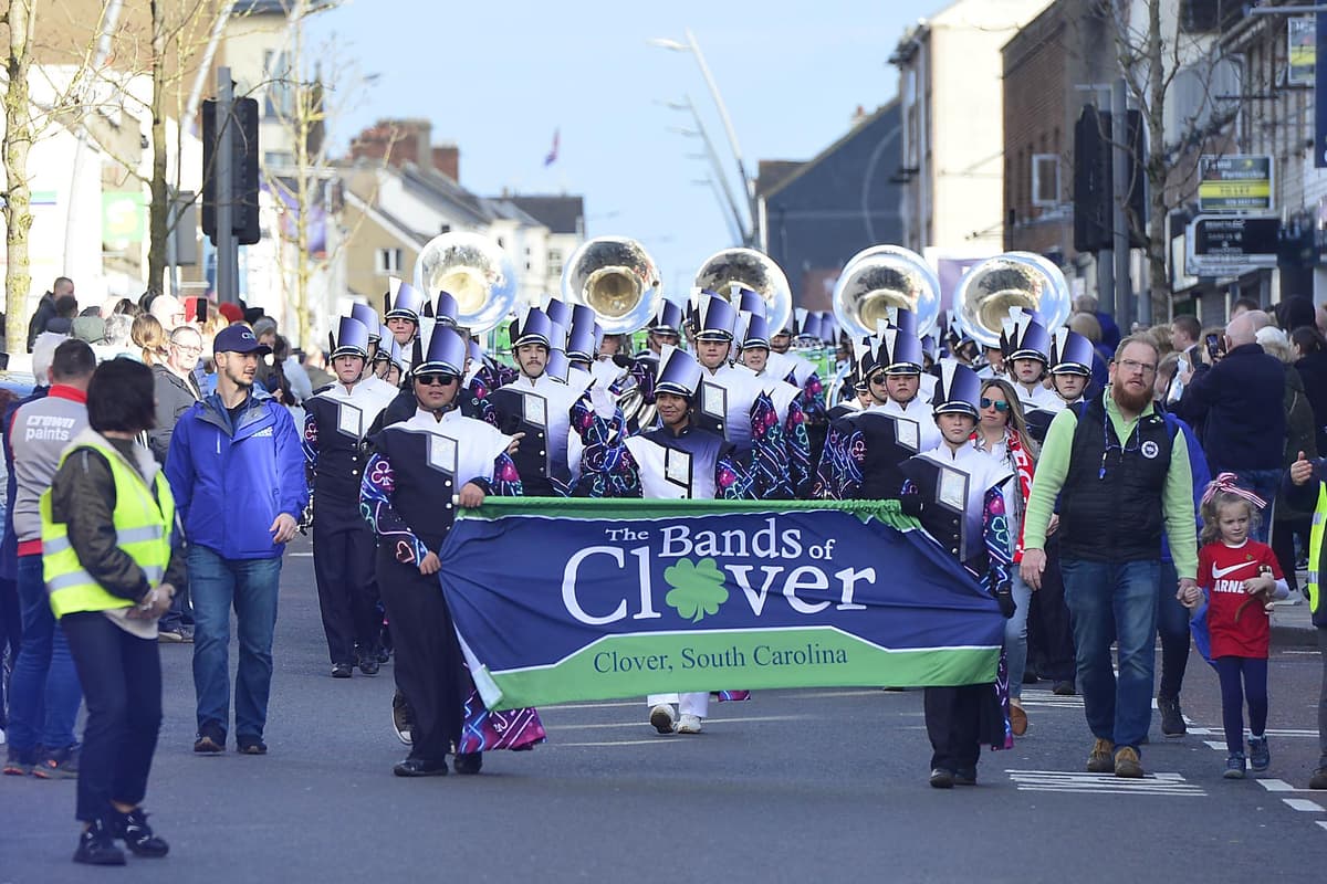 The Clover High School Band from South Carolina brings Larne to a standstill