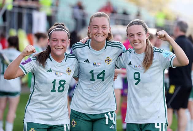Northern Ireland goalscorers, from left, Megan Bell, Lauren Wade and Simone Magill, following a 3-1 victory away to Bosnia and Herzegovina in the UEFA Women's Euro 2025 qualifying campaign. (Photo by Jonathan Porter/Press Eye)