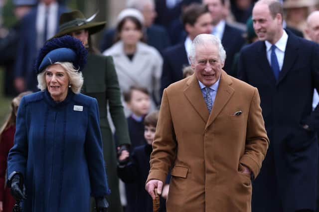(L-R) Camilla, Queen Consort, King Charles III and Prince William, Prince of Wales attend the Christmas Day service at St Mary Magdalene Church on December 25, 2022 in Sandringham, Norfolk. King Charles III ascended to the throne on September 8, 2022, with his coronation set for May 6, 2023. (Photo by Stephen Pond/Getty Images)