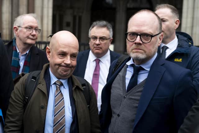 Journalists Barry McCaffrey (left) and Trevor Birney (right) outside the Royal Courts of Justice in London ahead of a specialist tribunal over claims UK authorities used unlawful covert surveillance. Picture date: Wednesday February 28, 2024. PA Photo.