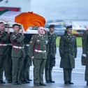 The body of Irish UN peacekeeping soldier Sean Rooney arriving at Casement Aerodrome, Baldonnel, on the outskirts of Dublin  after being repatriated from Lebanon. Photo: Tom Honan/PA Wire