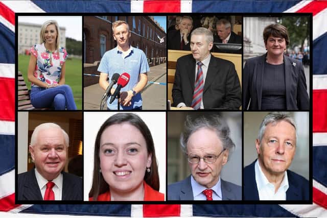 The eight members of the DUP's Protocol panel: left to right from top, then clockwise - Carla Lockhart, Brian Kingston, John McBurney, Arlene Foster, Peter Robinson, Peter Weir, Deborah Erskine, Ross Reid
