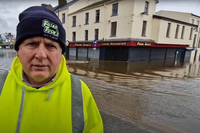 A Newry businessman whose restaurant has been submerged by flooding says he has been lifted by countless offers of help to get his business back up and running.
Brendan Downey, director of Friar Tucks restaurants, was devastated to find his business flooded at Sugar Island in Newry when the local canal burst its banks on Monday.