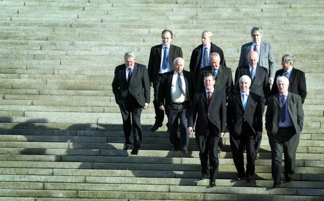 Ulster Unionist Leader David Trimble (front left) with colleagues at Stormont. Guidance was drawn up for Stormont officials on how to operate in the absence of unionist ministers. It came following the resignation of then-first minister David Trimble in July 2001, followed by his Ulster Unionist ministers and DUP ministers in October after no movement on the decommissioning of terrorist groups.