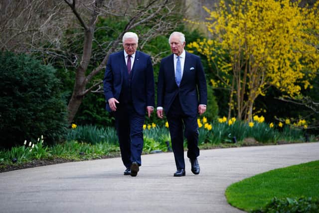 King Charles III and German President Frank-Walter Steinmeier (left) after planting a tree after attending a Green Energy reception at Bellevue Palace, Berlin, the official residence of the President of Germany, during his State Visit to Germany.