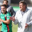Glentoran boss Declan Devine (right) shares a laugh with Jordan Stewart following victory over Portadown at Shamrock Park. (Photo by JonathanPorter/INPHO/PressEye)