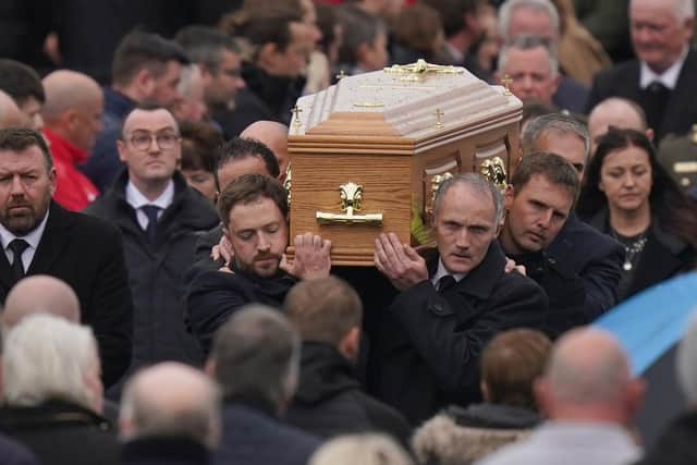Mourners carrying the coffin of Martin McGill outside St Michael's Church, Creeslough, following his funeral.  t should read: Niall Carson/PA Wire