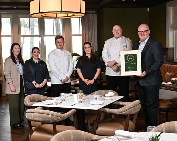Left to right; Sinead McNicholl (Director of Sales & Marketing), Jodie Mairs (Head House Keeper), Mark Winters (Executive Sous Chef), Stephen Holland (Executive Head Chef), Holly Scott (Receptionist), Stephen Meldrum (General Manager) celebrate the latest award for Dunluce Lodge.