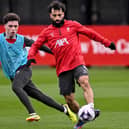 Northern Ireland youth international Kieran Morrison (left) in Liverpool training with Mohamed Salah. (Photo by Andrew Powell/Liverpool FC via Getty Images)