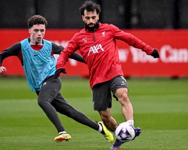 Northern Ireland youth international Kieran Morrison (left) in Liverpool training with Mohamed Salah. (Photo by Andrew Powell/Liverpool FC via Getty Images)
