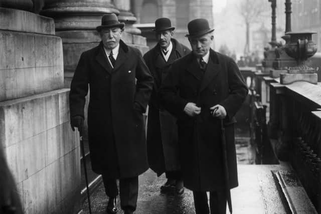 1st February 1922:  1st Viscount Craigavon (1871 - 1940), Ulster politician, Unionist MP and the first prime minister of Northern Ireland James Craig, Colonel Spencer and Captain Nixon attend a conference with Michael Collins at City Hall, Dublin.  (Photo by Walshe/Topical Press Agency/Getty Images)