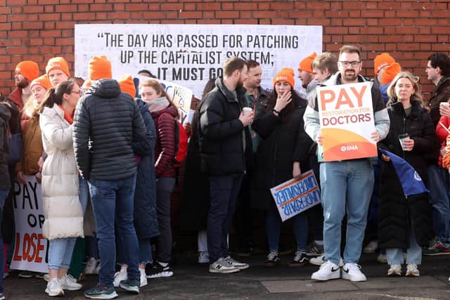 Junior doctors form a picket line at the Royal Victoria Hospital in Belfast as they take part in a one-day strike over pay. Photo by Jonathan Porter/Press Eye
